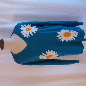 Laurie Felt Women's Sweater Turquoise Daisy V Neck Relaxed Cottagecore S…